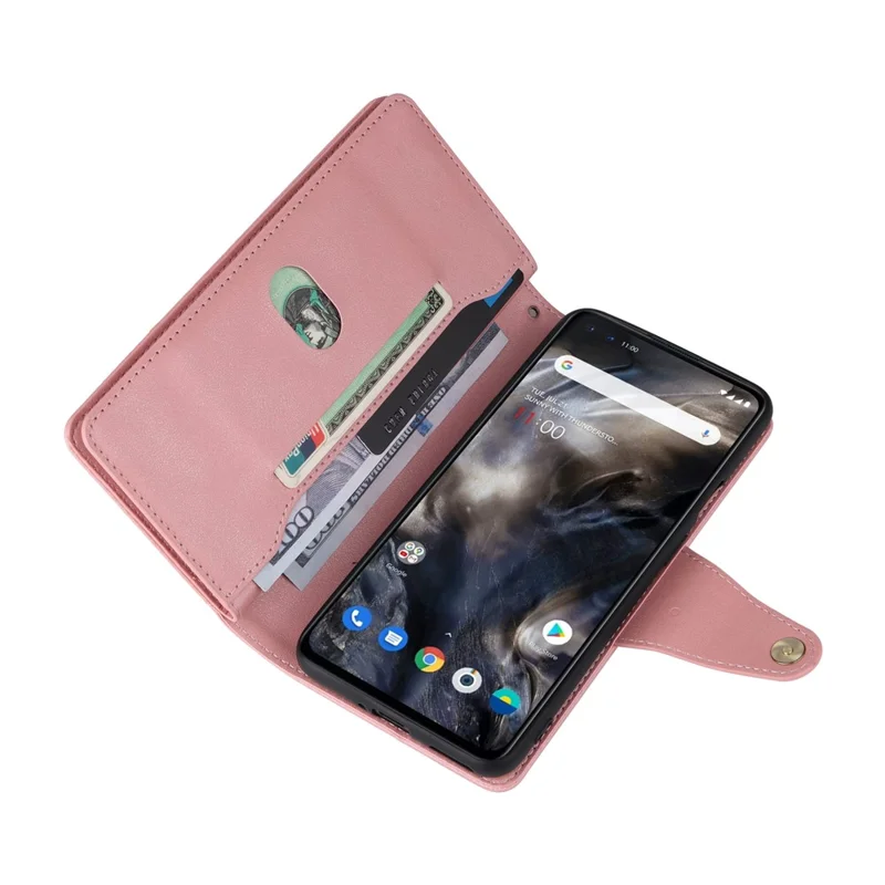 For OnePlus Nord Case PU Leather Foldable Stand Wallet Phone Cover with Rivet Decor - Rose Gold