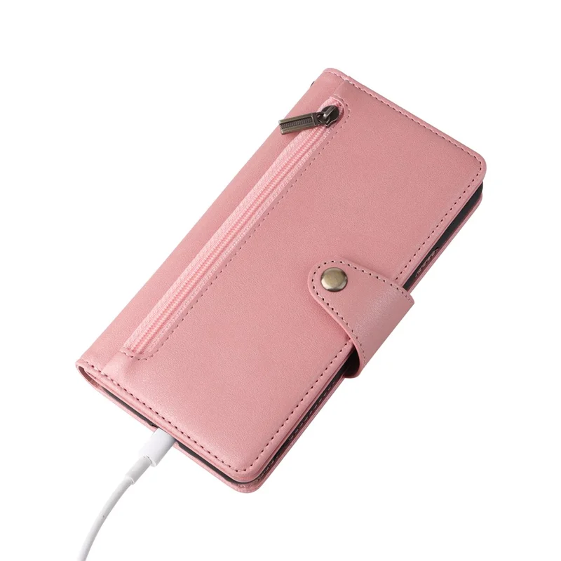 For OnePlus Nord Case PU Leather Foldable Stand Wallet Phone Cover with Rivet Decor - Rose Gold