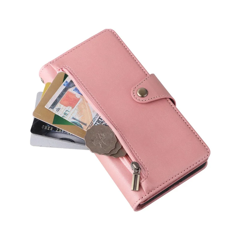 For OnePlus Nord Case PU Leather Foldable Stand Wallet Phone Cover with Rivet Decor - Rose Gold