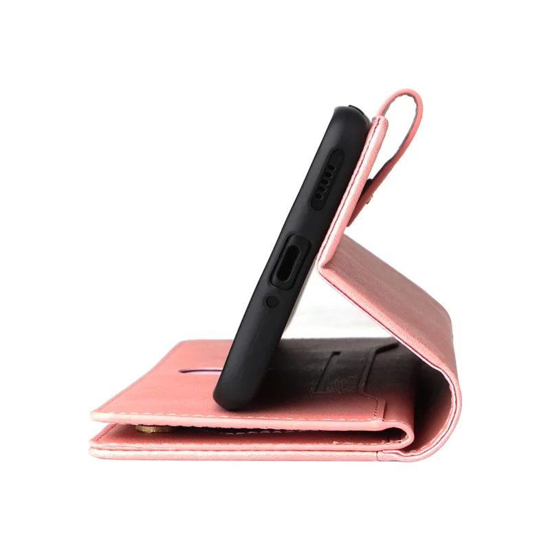 For OnePlus Nord Case PU Leather Foldable Stand Wallet Phone Cover with Rivet Decor - Rose Gold