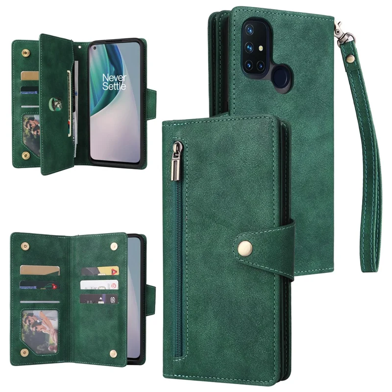 For OnePlus Nord N10 5G Cell Phone Case PU Leather Wallet Cover with Rivet Decor - Green