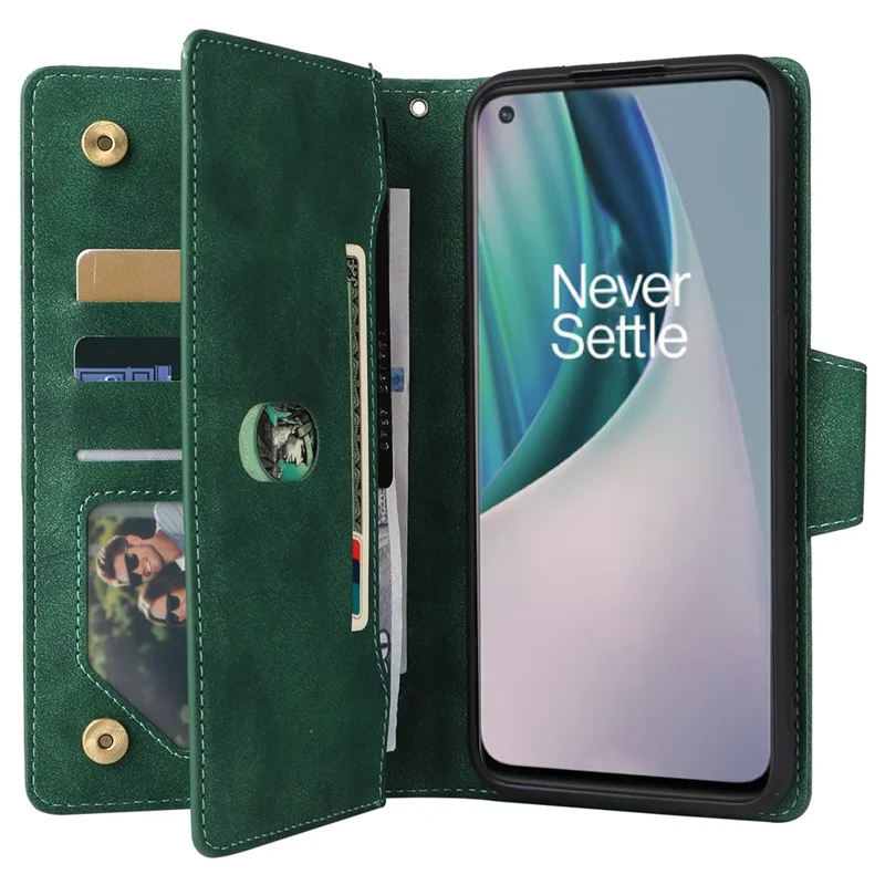 For OnePlus Nord N10 5G Cell Phone Case PU Leather Wallet Cover with Rivet Decor - Green