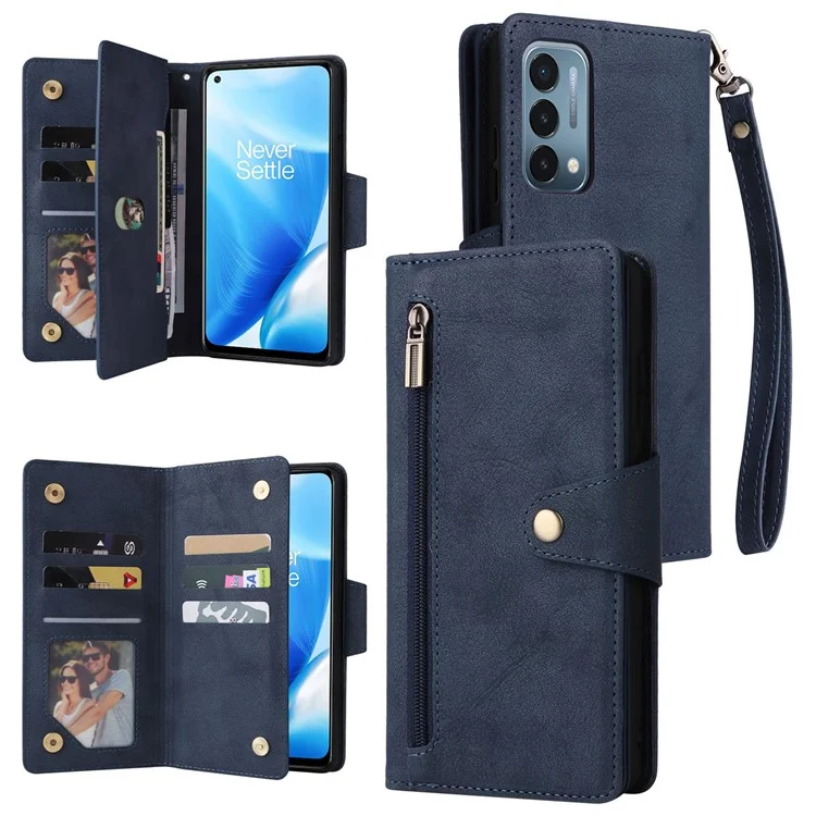 For OnePlus Nord N200 5G Wallet Case Rivet Decor PU Leather Phone Cover with Hand Strap - Blue