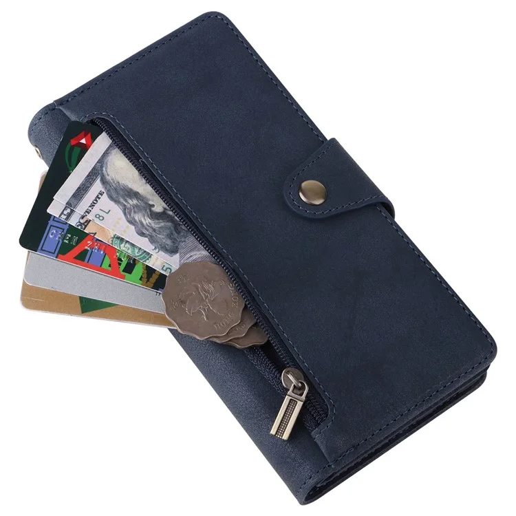 For OnePlus Nord N200 5G Wallet Case Rivet Decor PU Leather Phone Cover with Hand Strap - Blue