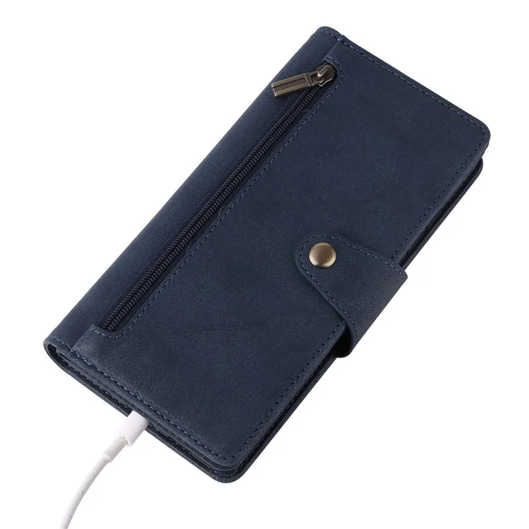 For OnePlus Nord N200 5G Wallet Case Rivet Decor PU Leather Phone Cover with Hand Strap - Blue