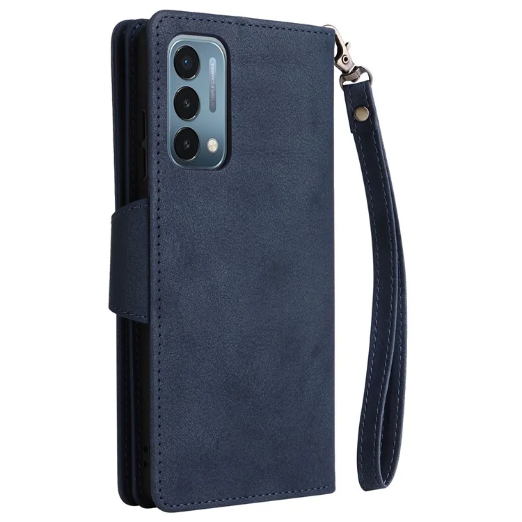 For OnePlus Nord N200 5G Wallet Case Rivet Decor PU Leather Phone Cover with Hand Strap - Blue