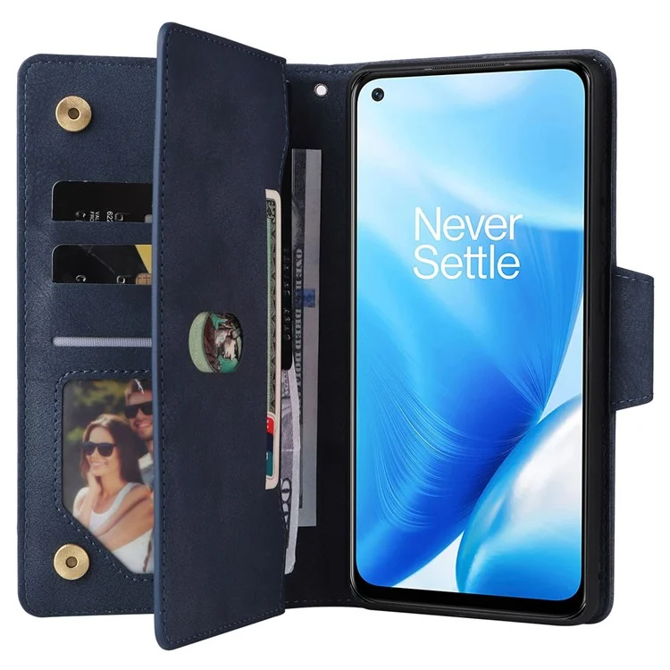 For OnePlus Nord N200 5G Wallet Case Rivet Decor PU Leather Phone Cover with Hand Strap - Blue