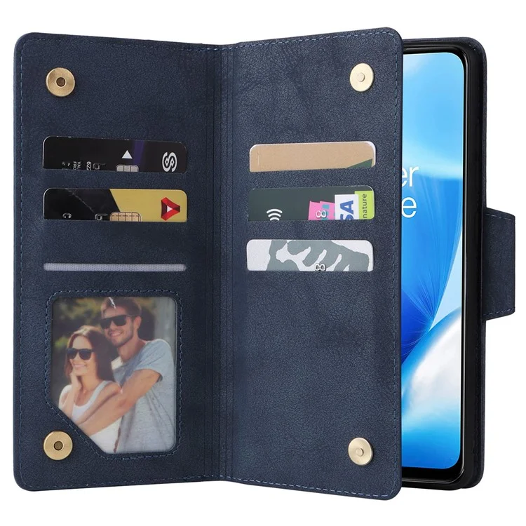 For OnePlus Nord N200 5G Wallet Case Rivet Decor PU Leather Phone Cover with Hand Strap - Blue