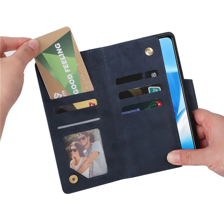 For OnePlus Nord N200 5G Wallet Case Rivet Decor PU Leather Phone Cover with Hand Strap - Blue