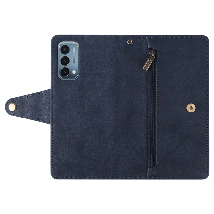 For OnePlus Nord N200 5G Wallet Case Rivet Decor PU Leather Phone Cover with Hand Strap - Blue