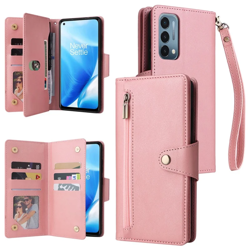 For OnePlus Nord N200 5G Wallet Case Rivet Decor PU Leather Phone Cover with Hand Strap - Rose Gold