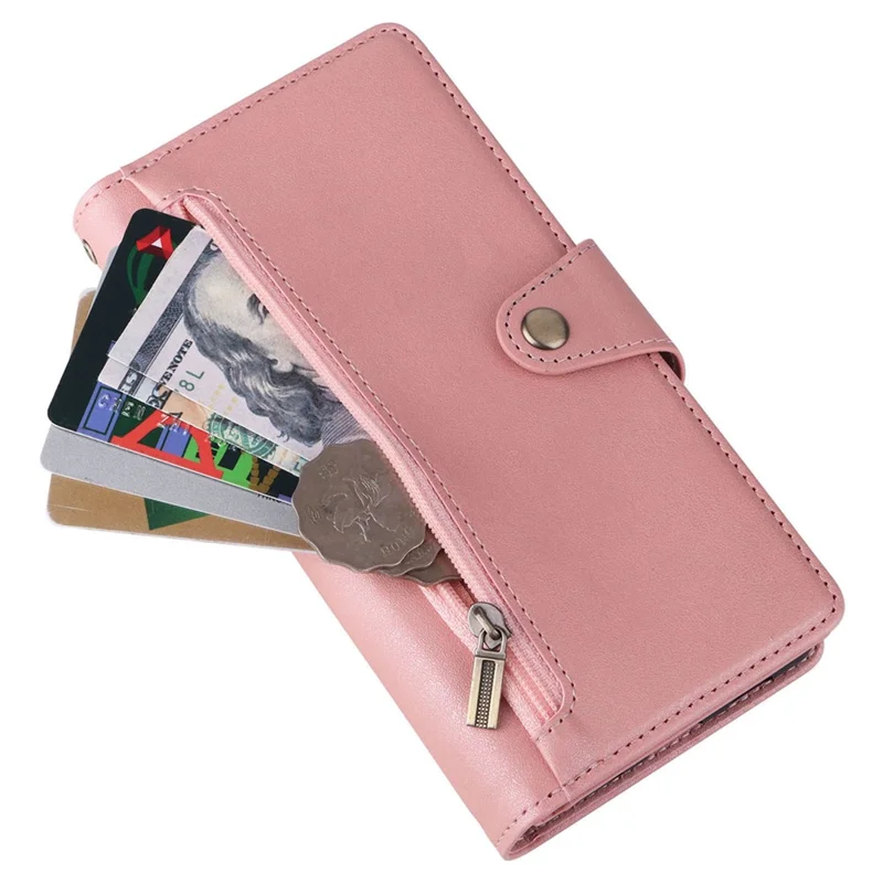 For OnePlus Nord N200 5G Wallet Case Rivet Decor PU Leather Phone Cover with Hand Strap - Rose Gold