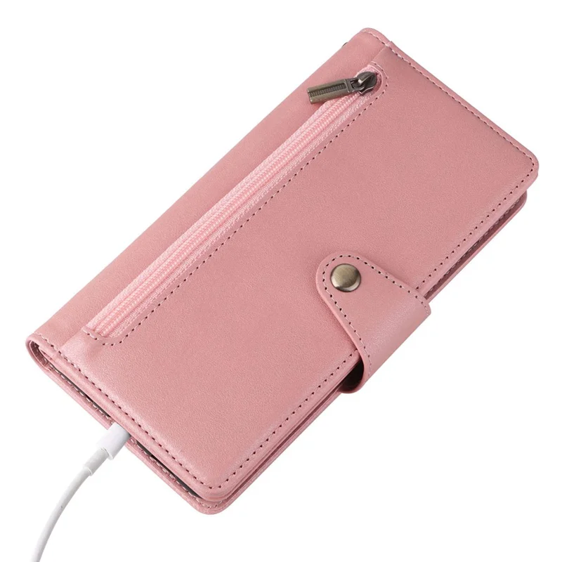 For OnePlus Nord N200 5G Wallet Case Rivet Decor PU Leather Phone Cover with Hand Strap - Rose Gold