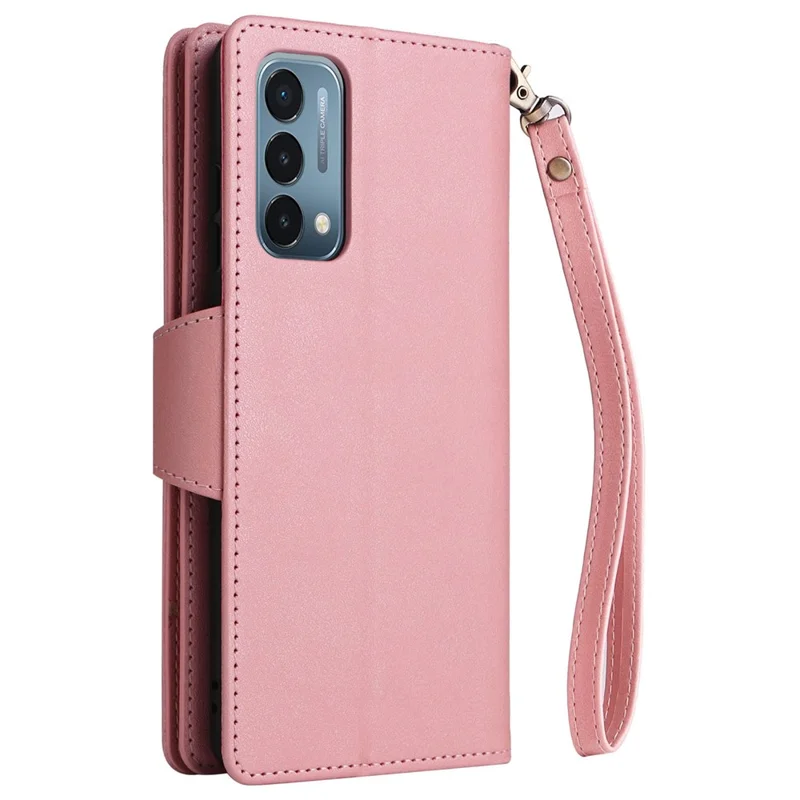For OnePlus Nord N200 5G Wallet Case Rivet Decor PU Leather Phone Cover with Hand Strap - Rose Gold