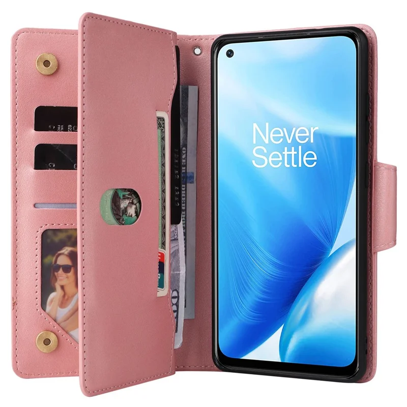 For OnePlus Nord N200 5G Wallet Case Rivet Decor PU Leather Phone Cover with Hand Strap - Rose Gold