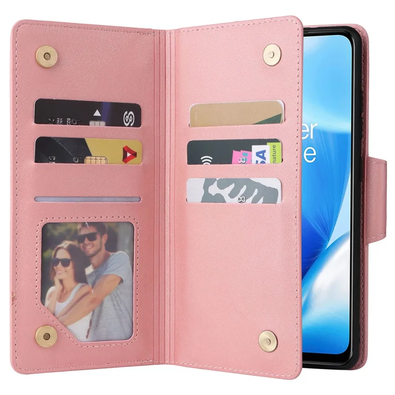 For OnePlus Nord N200 5G Wallet Case Rivet Decor PU Leather Phone Cover with Hand Strap - Rose Gold
