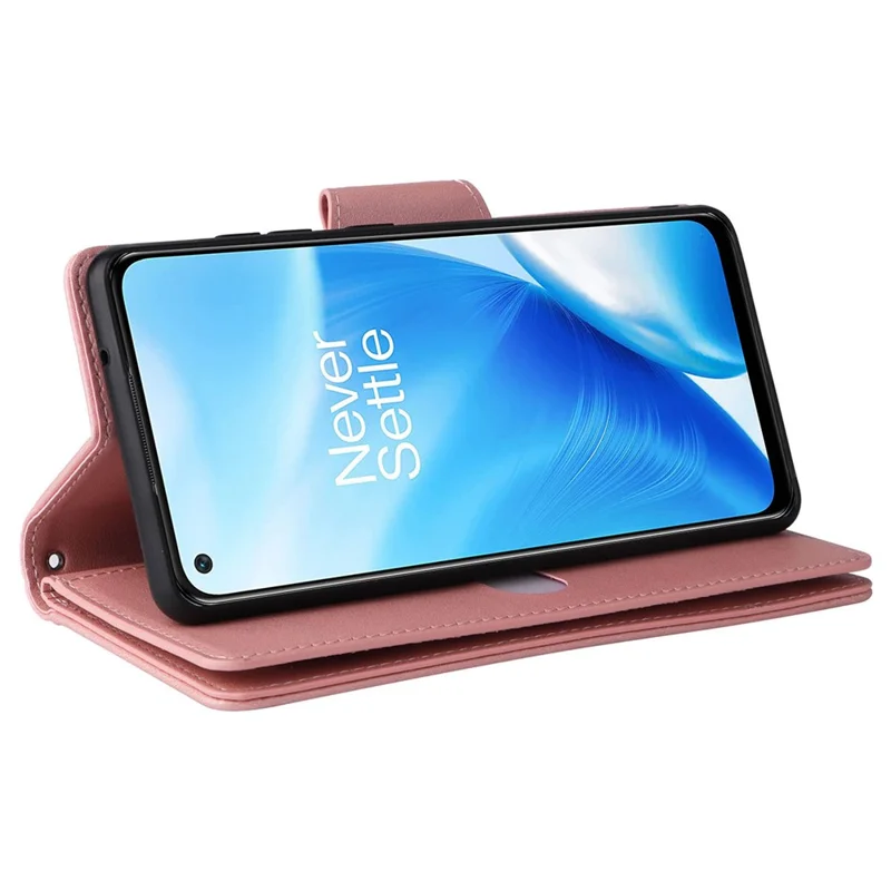 For OnePlus Nord N200 5G Wallet Case Rivet Decor PU Leather Phone Cover with Hand Strap - Rose Gold