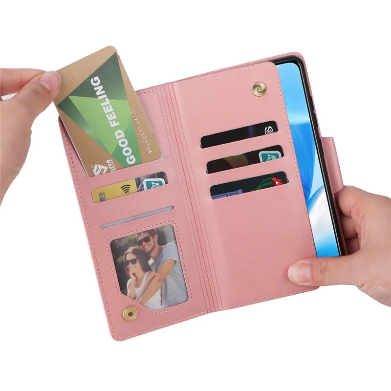 For OnePlus Nord N200 5G Wallet Case Rivet Decor PU Leather Phone Cover with Hand Strap - Rose Gold