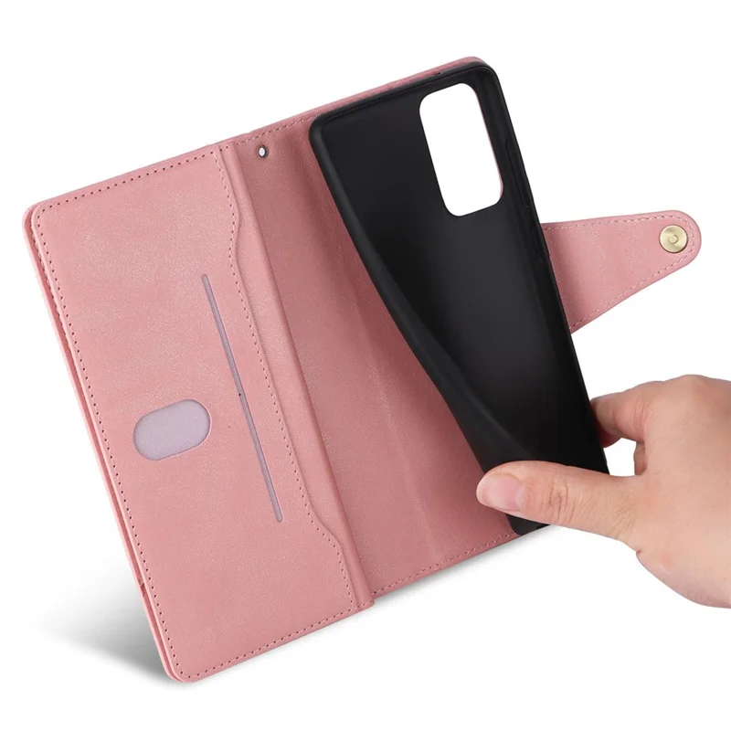 For OnePlus Nord N200 5G Wallet Case Rivet Decor PU Leather Phone Cover with Hand Strap - Rose Gold