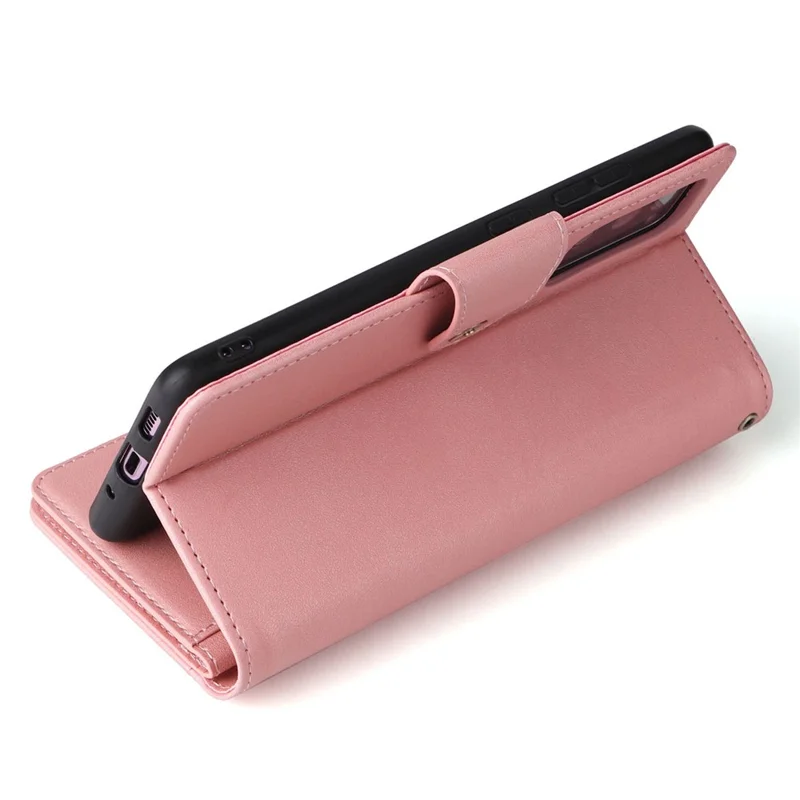 For OnePlus Nord N200 5G Wallet Case Rivet Decor PU Leather Phone Cover with Hand Strap - Rose Gold