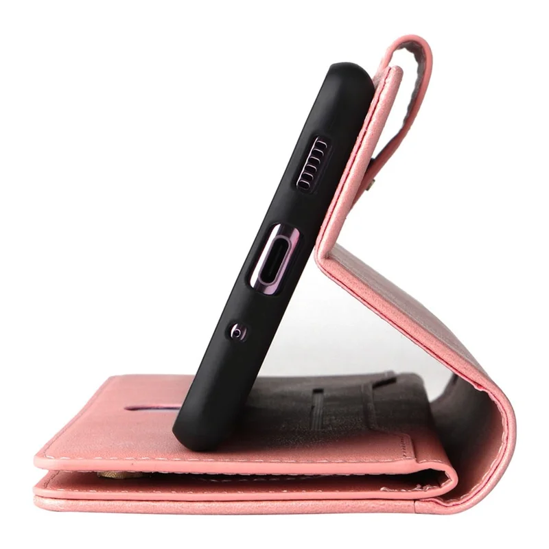 For OnePlus Nord N200 5G Wallet Case Rivet Decor PU Leather Phone Cover with Hand Strap - Rose Gold