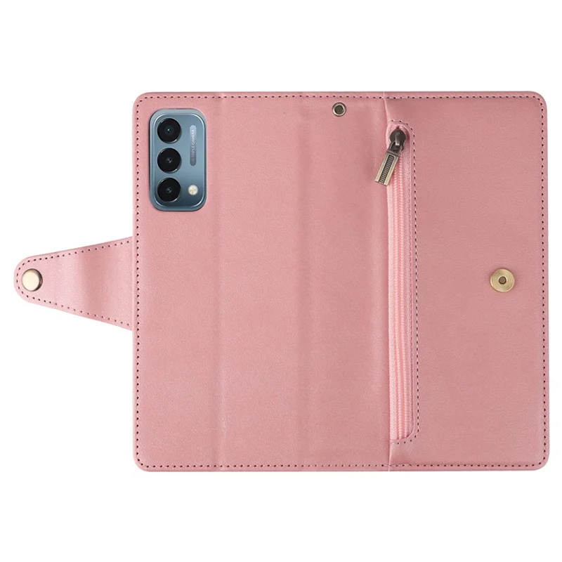 For OnePlus Nord N200 5G Wallet Case Rivet Decor PU Leather Phone Cover with Hand Strap - Rose Gold