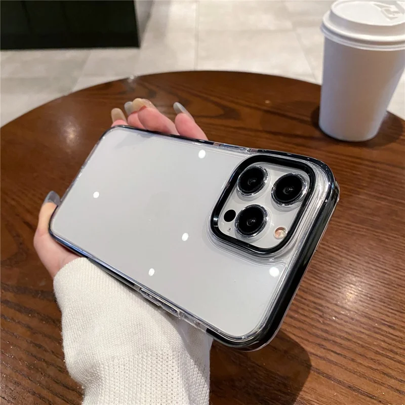 For iPhone 15 Pro Clear Case Metal Camera Frame PC+TPU Phone Shell - Black