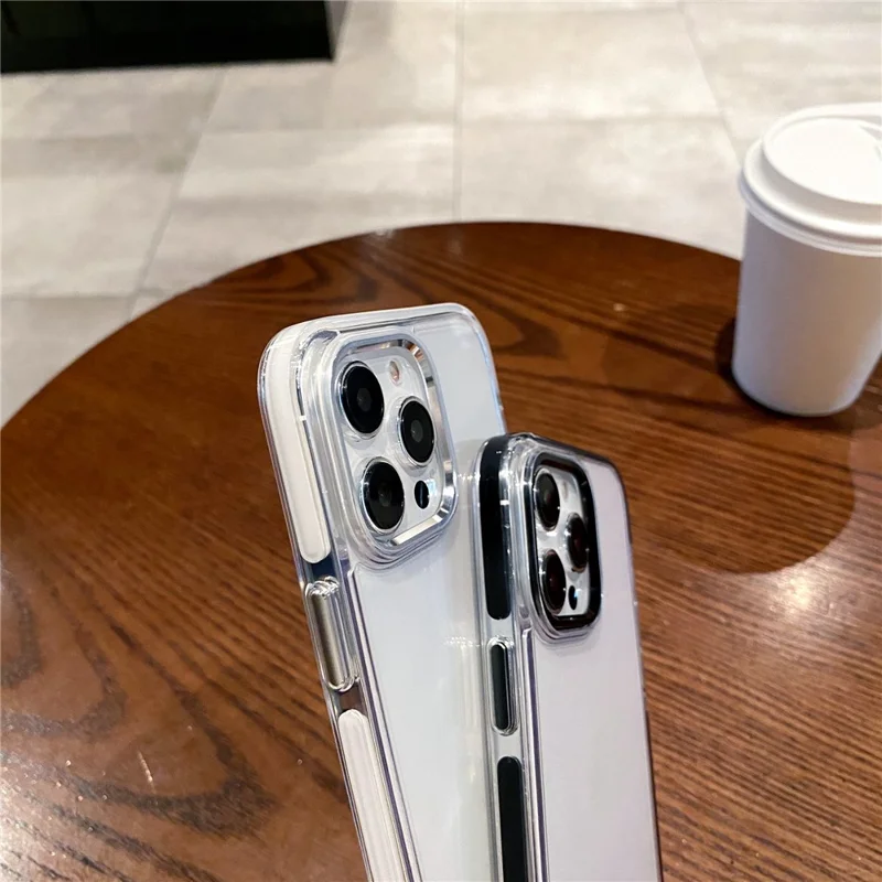 For iPhone 14 Pro Case Metal Camera Frame PC+TPU Clear Anti-drop Phone Cover - White