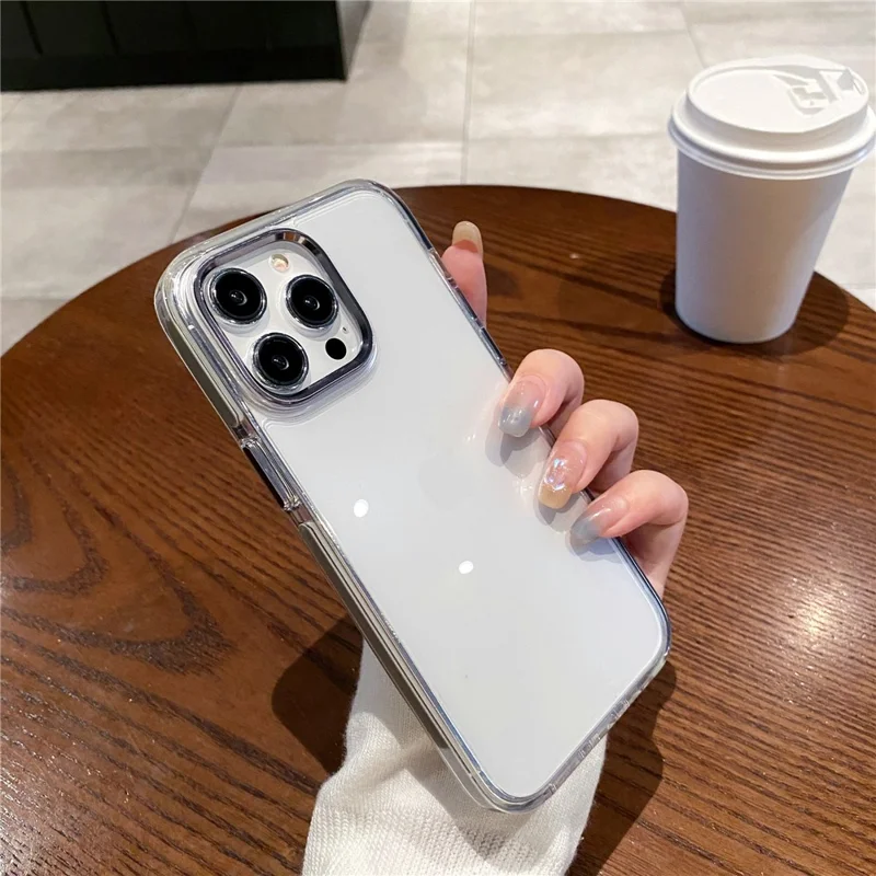 For iPhone 12 Pro Max 6.7 inch Cell Phone Case Clear Metal Camera Frame PC+TPU Cover - Grey