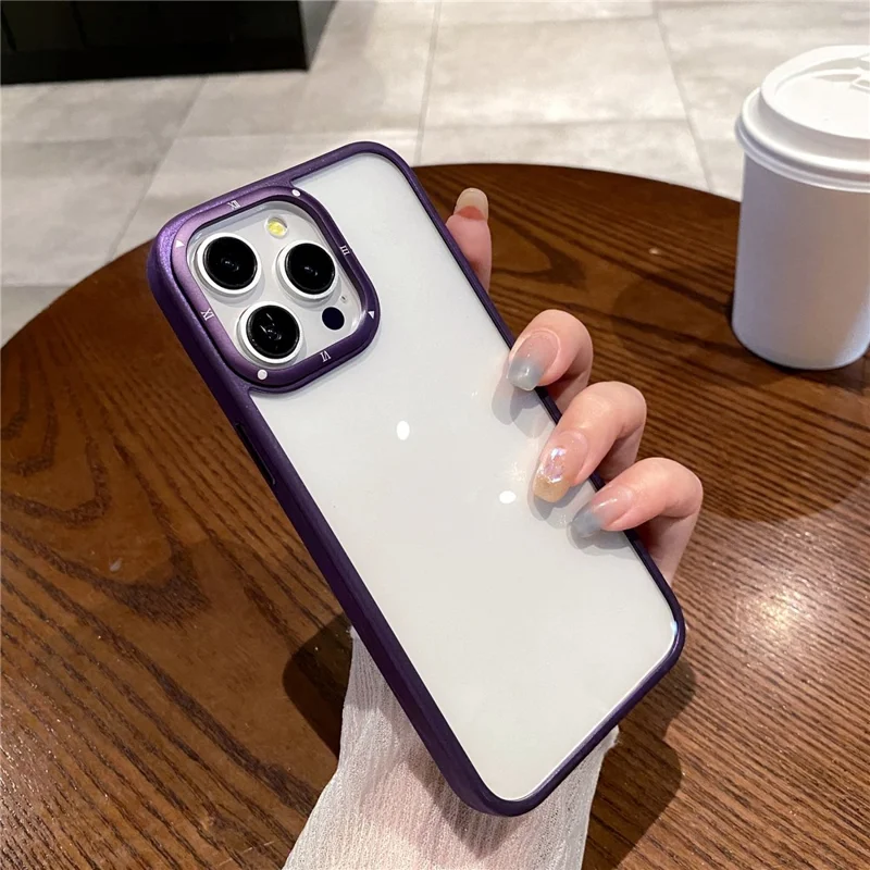 For iPhone 15 Pro Case PC+TPU Clear Phone Cover with Metal Lens Frame - Purple