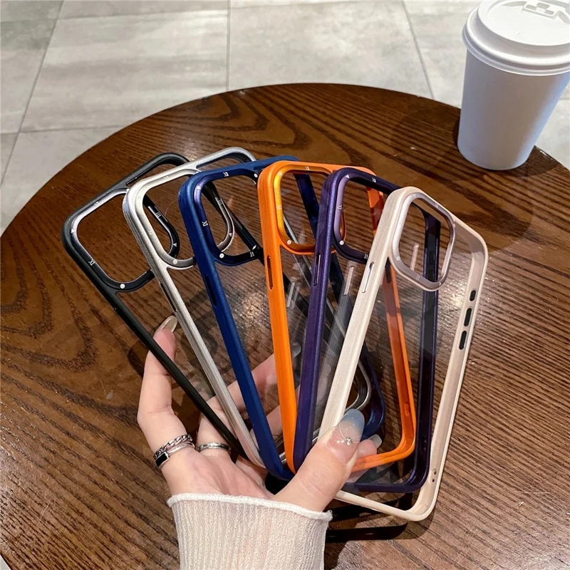 For iPhone 15 Pro Case PC+TPU Clear Phone Cover with Metal Lens Frame - Purple