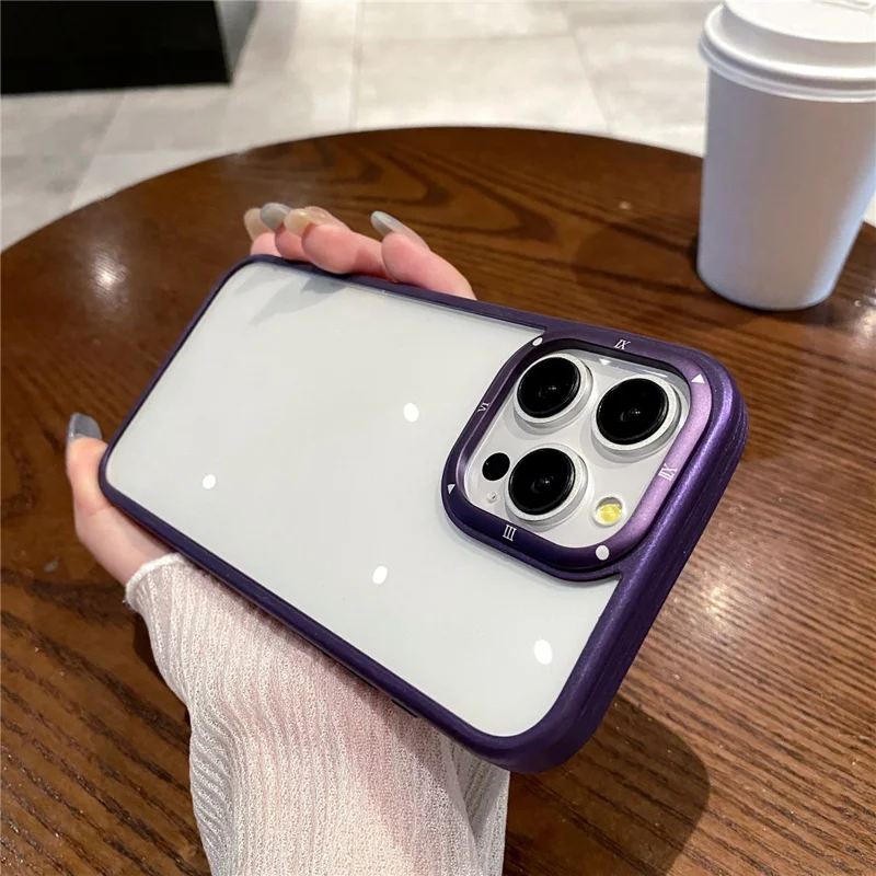 For iPhone 15 Pro Case PC+TPU Clear Phone Cover with Metal Lens Frame - Purple