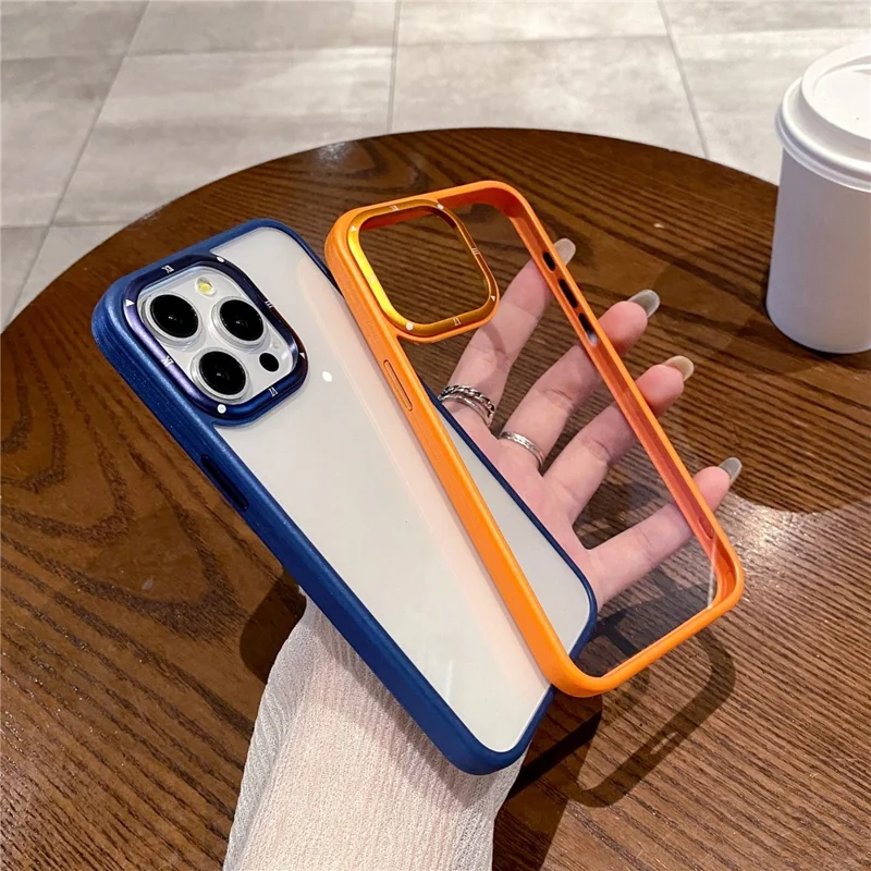 For iPhone 15 Pro Case PC+TPU Clear Phone Cover with Metal Lens Frame - Purple