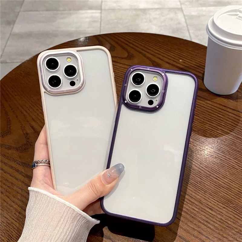 For iPhone 15 Pro Case PC+TPU Clear Phone Cover with Metal Lens Frame - Purple