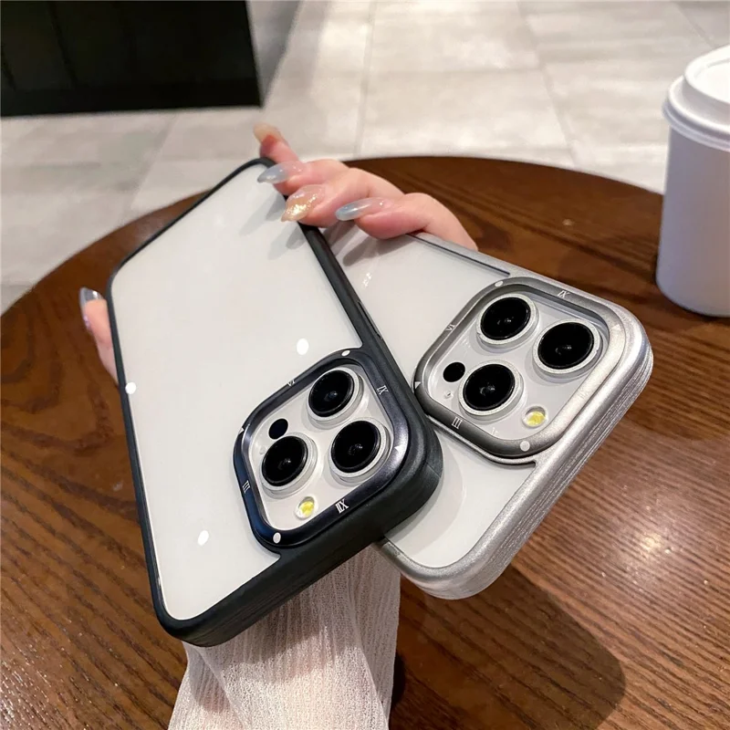 For iPhone 15 Pro Case PC+TPU Clear Phone Cover with Metal Lens Frame - Purple