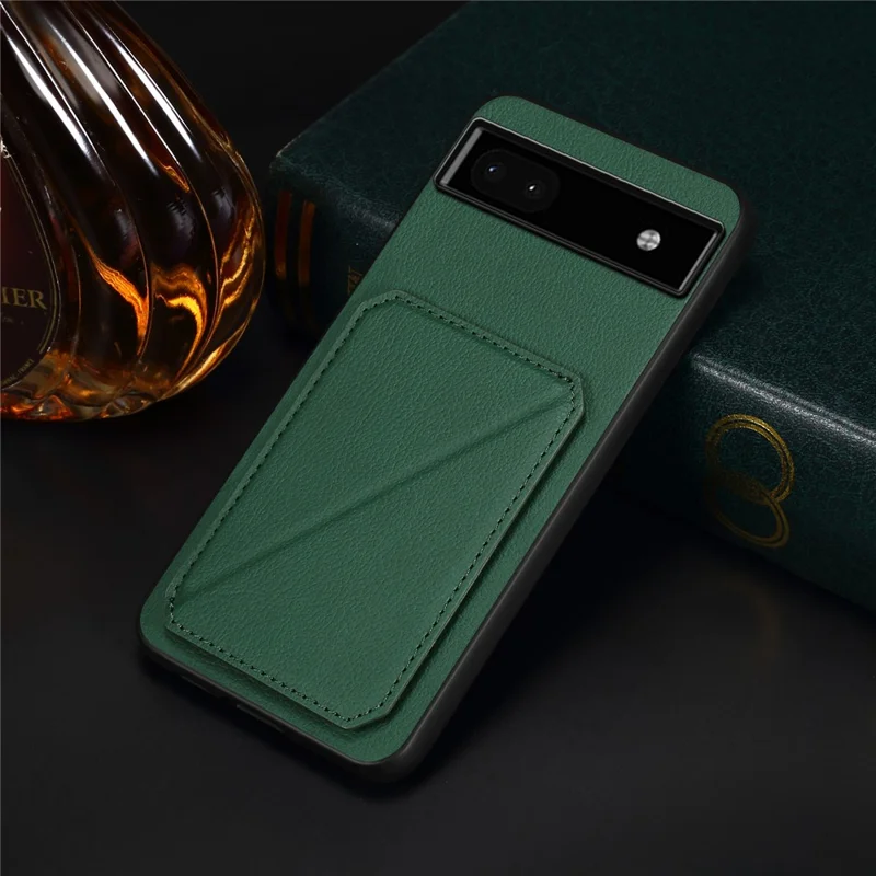 For Google Pixel 6a Case Kickstand Leather+PC+TPU Cell Phone Case with Card Holder - Green