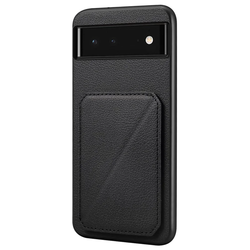 For Google Pixel 6 Case Kickstand Calf Textured Leather+PC+TPU Phone Shell - Black