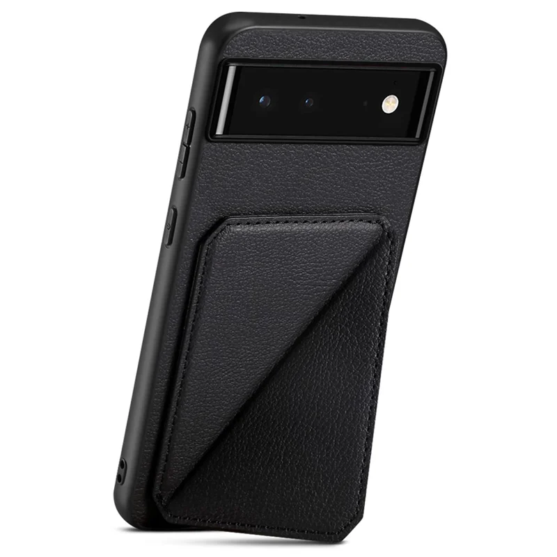 For Google Pixel 6 Case Kickstand Calf Textured Leather+PC+TPU Phone Shell - Black