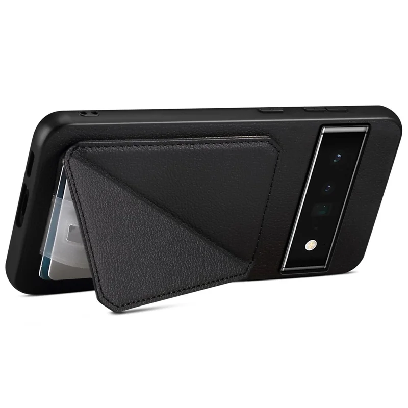 For Google Pixel 6 Pro 5G Case Card Holder Kickstand Feature PU Leather Back Cover - Black