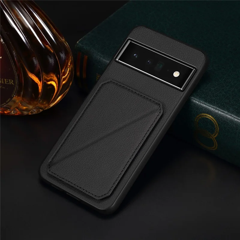 For Google Pixel 6 Pro 5G Case Card Holder Kickstand Feature PU Leather Back Cover - Black
