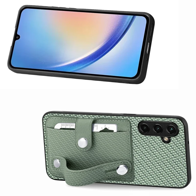 C1-01 For Samsung Galaxy A34 5G Wristband Design Card Holder Leather Coating Phone Cover - Green