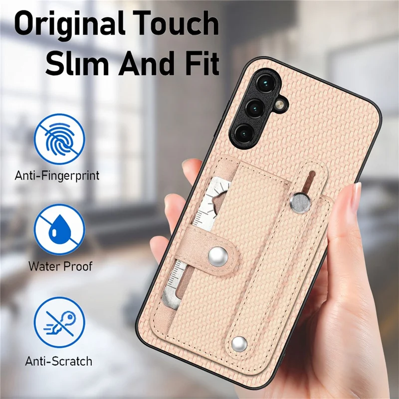 C1-01 For Samsung Galaxy A34 5G Wristband Design Card Holder Leather Coating Phone Cover - Green