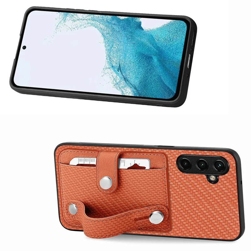 C1-01 Pour Samsung Galaxy A55 5G Slim-Fit Cover Porte-cartes Bandeau Poignet Cuir PU+TPU+PC Étui de Téléphone - Marron