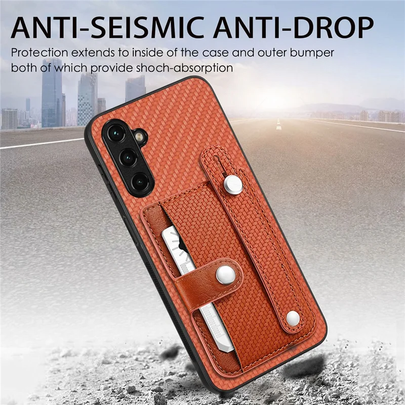 C1-01 Pour Samsung Galaxy A55 5G Slim-Fit Cover Porte-cartes Bandeau Poignet Cuir PU+TPU+PC Étui de Téléphone - Marron