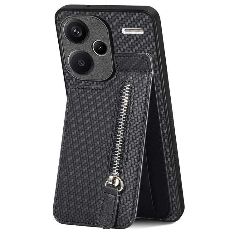 C1-03 Para Xiaomi Redmi Note 13 Pro+ 5G Funda Bolsillo con Cremallera Soporte Vertical de Fibra de Carbono Cubierta de Teléfono - Negro