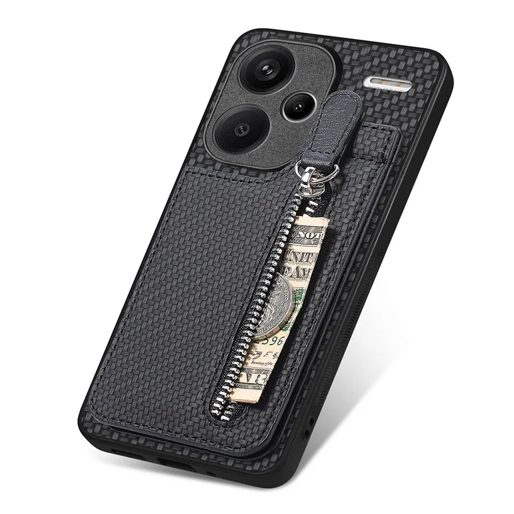 C1-03 Para Xiaomi Redmi Note 13 Pro+ 5G Funda Bolsillo con Cremallera Soporte Vertical de Fibra de Carbono Cubierta de Teléfono - Negro