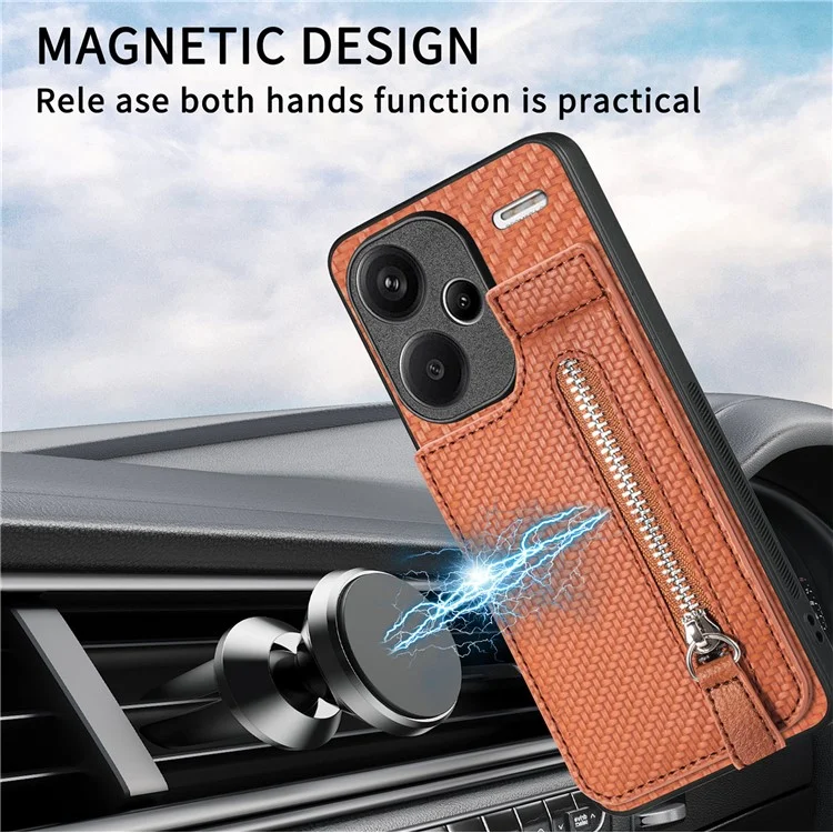 C1-03 Para Xiaomi Redmi Note 13 Pro+ 5G Funda Bolsillo con Cremallera Soporte Vertical de Fibra de Carbono Cubierta de Teléfono - Negro