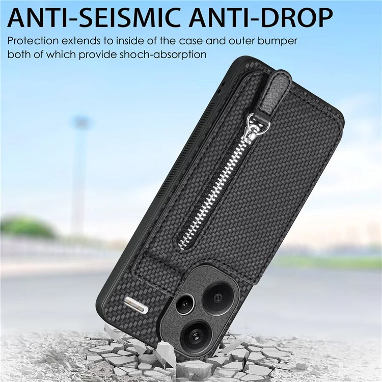 C1-03 Para Xiaomi Redmi Note 13 Pro+ 5G Funda Bolsillo con Cremallera Soporte Vertical de Fibra de Carbono Cubierta de Teléfono - Negro