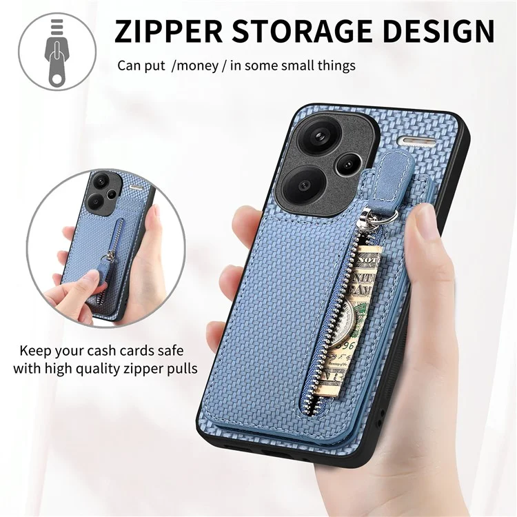 C1-03 Para Xiaomi Redmi Note 13 Pro+ 5G Funda Bolsillo con Cremallera Soporte Vertical de Fibra de Carbono Cubierta de Teléfono - Negro
