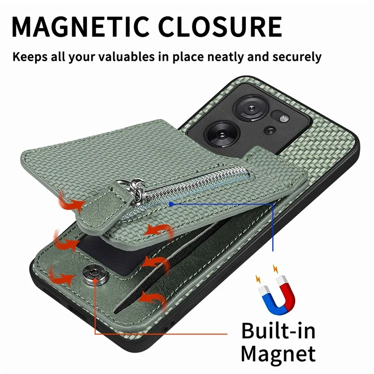 C1-03 Pour Xiaomi 13T / 13T Pro / Redmi K60 Ultra Étui Vertical avec Support Hybride Coque de Téléphone avec Poche Zippée - Vert